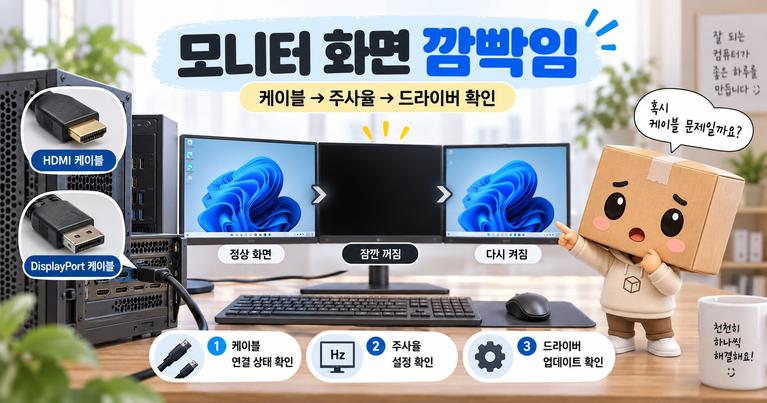 모니터 화면 깜빡임 HDMI DP 케이블 주사율 그래픽 드라이버 해결 방법