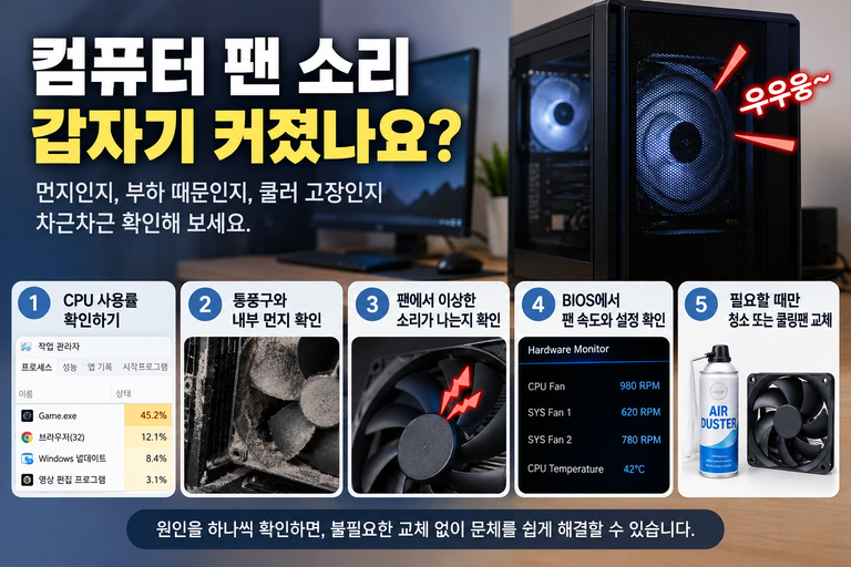 컴퓨터 팬 소리 갑자기 커짐 CPU 사용률 온도 먼지 쿨러 고장 확인