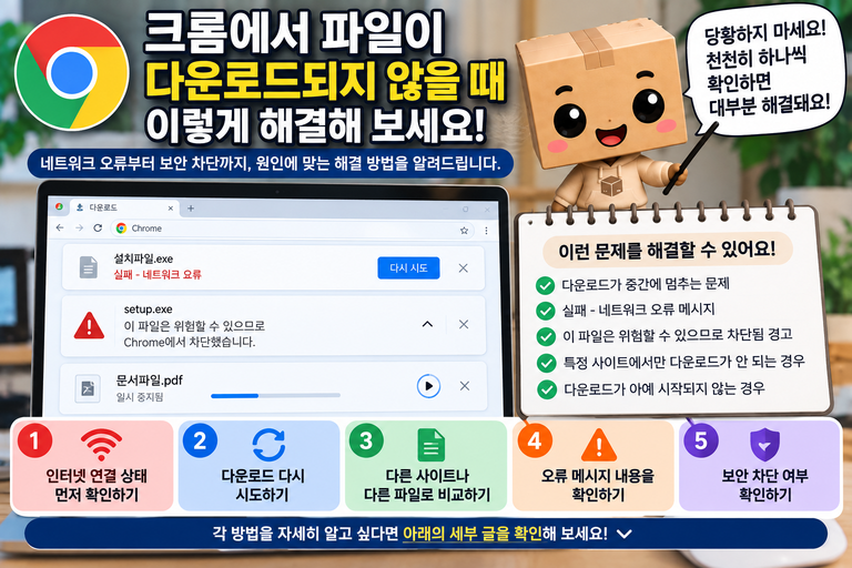 크롬 파일 다운로드 안됨 실패 재개 방법