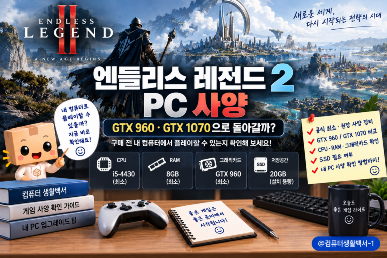 엔들리스 레전드 2 PC 사양에서 GTX 960 최소사양과 GTX 1070 권장사양을 비교하는 화면