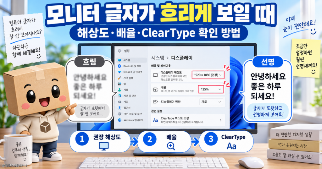 모니터 글자가 흐리게 보일 때 윈도우11 해상도와 배율 ClearType을 확인하는 방법