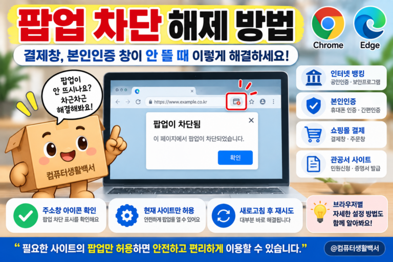 결제창과 본인인증 창이 안 뜰 때 팝업 차단 해제 방법을 안내하는 화면