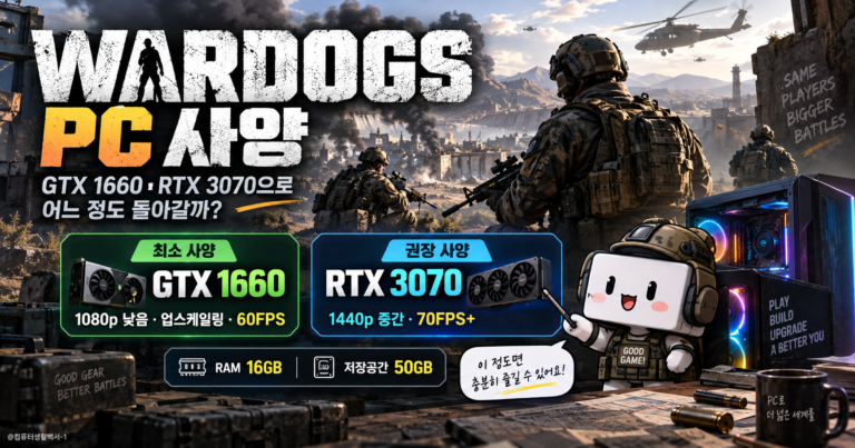 WARDOGS PC 사양에서 GTX 1660 최소사양과 RTX 3070 권장사양의 성능 기준을 비교하는 화면