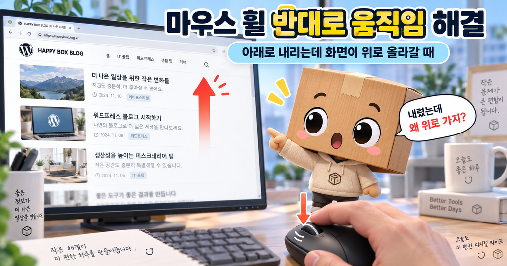 마우스 휠 반대로 움직임 아래로 내리는데 화면 위로 올라갈 때 해결