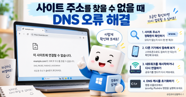 크롬에서 DNS_PROBE_FINISHED_NXDOMAIN 오류로 사이트 주소를 찾을 수 없을 때 해결하는 방법