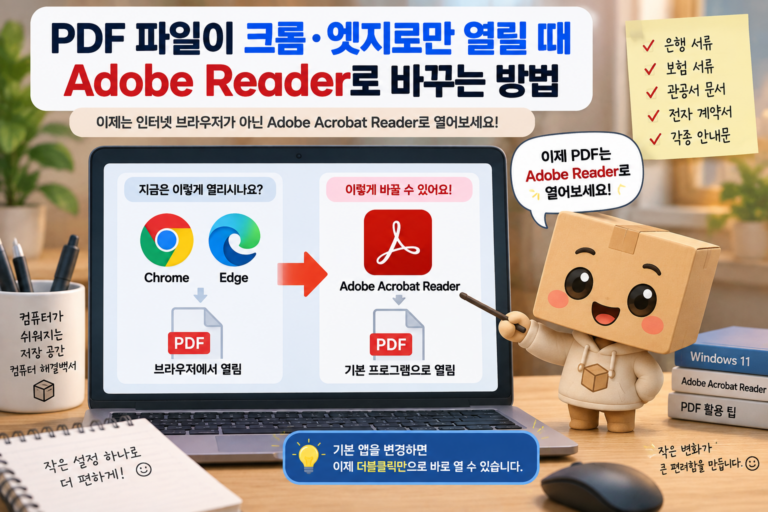 윈도우11에서 PDF 파일이 크롬이나 엣지로 열릴 때 Adobe Acrobat Reader로 기본 프로그램을 변경하는 방법