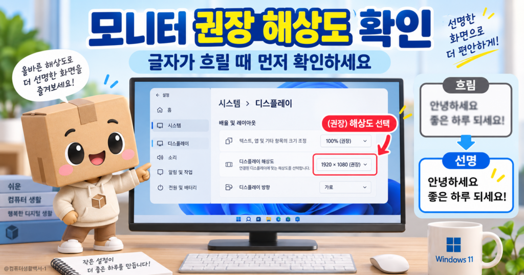 윈도우11 모니터 글자가 흐릴 때 권장 해상도를 확인하는 방법 안내