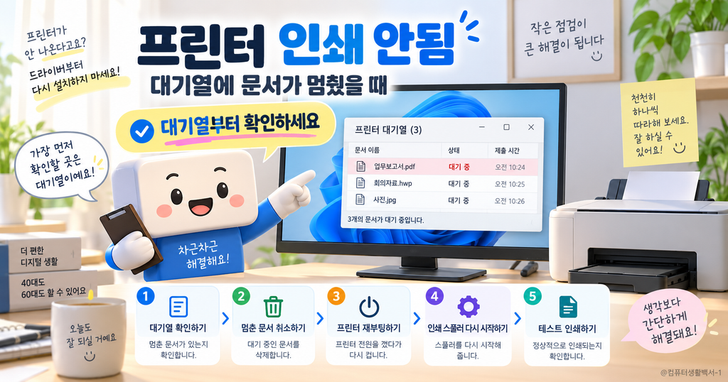 윈도우11에서 프린터 인쇄 안됨과 문서 대기중 문제를 인쇄 대기열부터 해결하는 방법