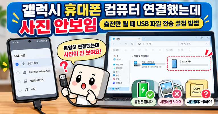 갤럭시 휴대폰을 컴퓨터에 연결했지만 충전만 되고 사진이 보이지 않는 상황