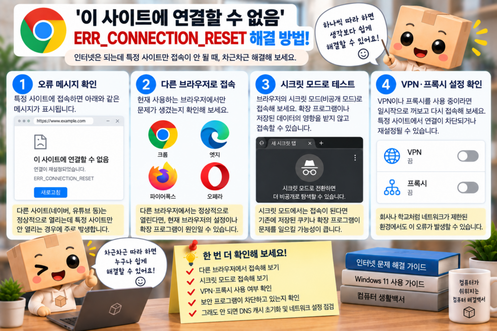크롬에서 ERR_CONNECTION_RESET 오류로 특정 사이트에 연결할 수 없을 때 해결하는 방법