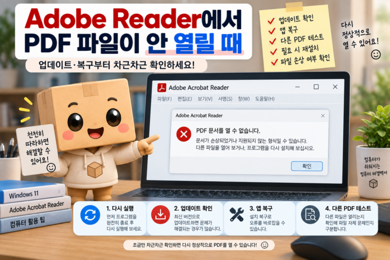 Adobe Acrobat Reader에서 PDF 파일이 열리지 않을 때 업데이트와 설치 복구로 오류를 해결하는 방법