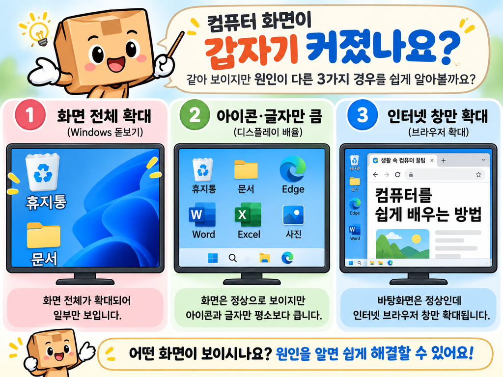 컴퓨터 화면이 갑자기 커졌을 때 전체 화면 확대, 바탕화면 확대, 인터넷 창 확대를 구분하는 예시