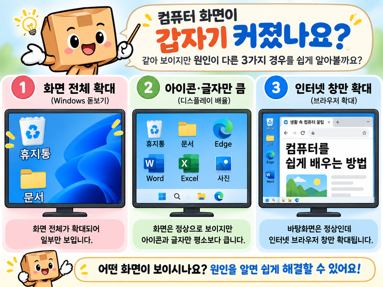 컴퓨터 화면이 갑자기 커졌을 때 전체 화면 확대, 바탕화면 확대, 인터넷 창 확대를 구분하는 예시