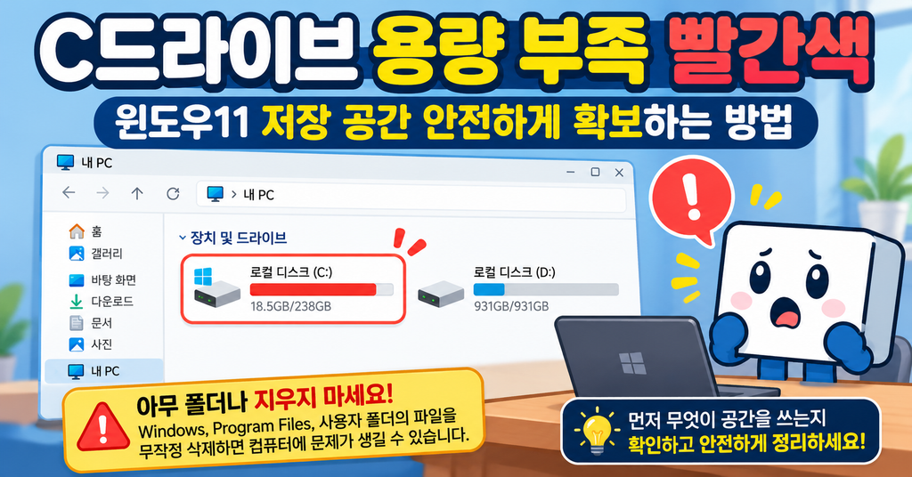 윈도우11 C드라이브 저장 공간 부족 경고와 빨간색 용량 표시