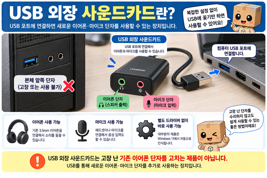 USB 외장 사운드카드 사용법 이어폰 마이크 단자 고장 USB 연결 방법