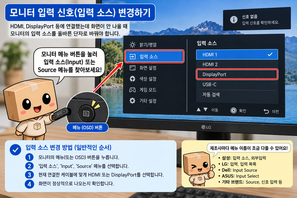 모니터 입력 신호 HDMI DisplayPort 바꾸는 방법 신호없음 해결