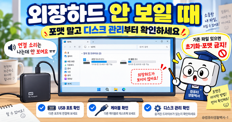 외장하드 연결했는데 파일 탐색기에 안 보일 때 디스크 관리부터 확인하는 방법