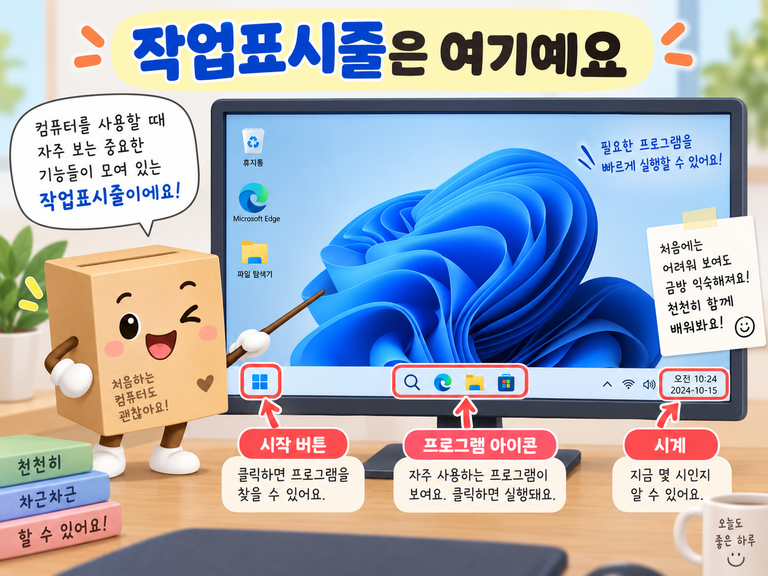 윈도우11 화면 아래 작업표시줄의 시작 버튼과 프로그램 아이콘, 시계 위치 설명