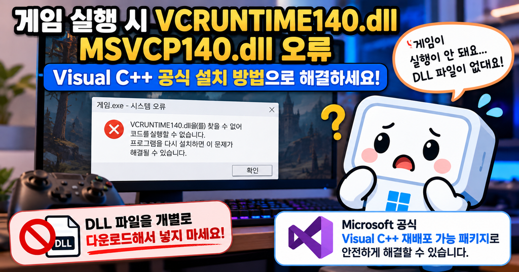 게임 실행 중 VCRUNTIME140.dll 오류가 발생해 공식 해결 방법을 확인하는 상황