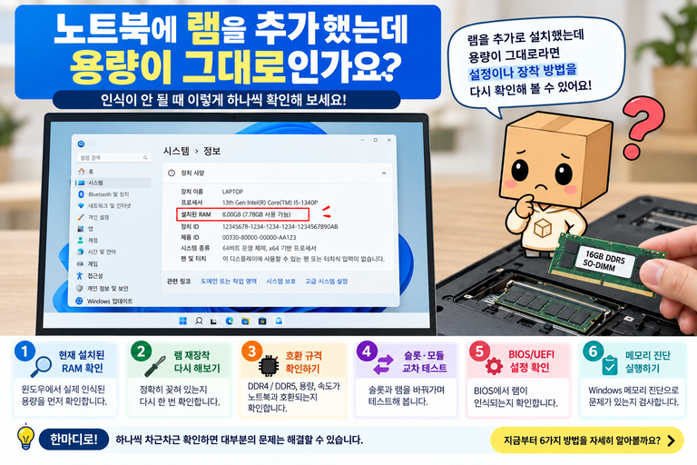 노트북 램 추가했는데 인식 안 됨 용량 안 늘어날 때 해결 방법