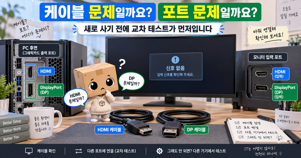 모니터 케이블 포트 문제 HDMI DP 연결 불량 확인 방법