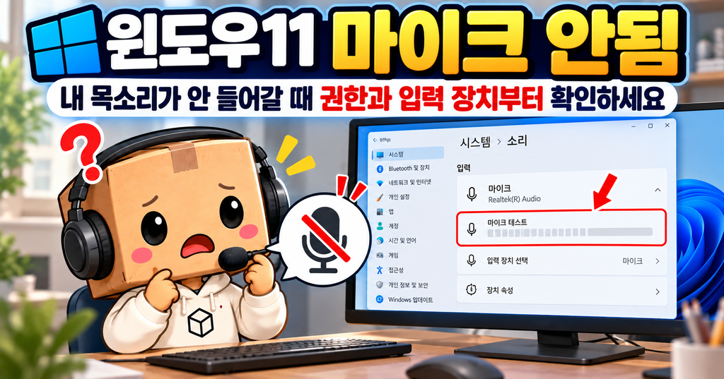 윈도우11에서 마이크가 작동하지 않아 설정을 확인하는 모습