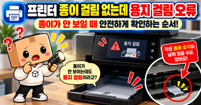 종이가 안 보이는데 용지 걸림 오류를 표시하는 프린터와 박스 캐릭터