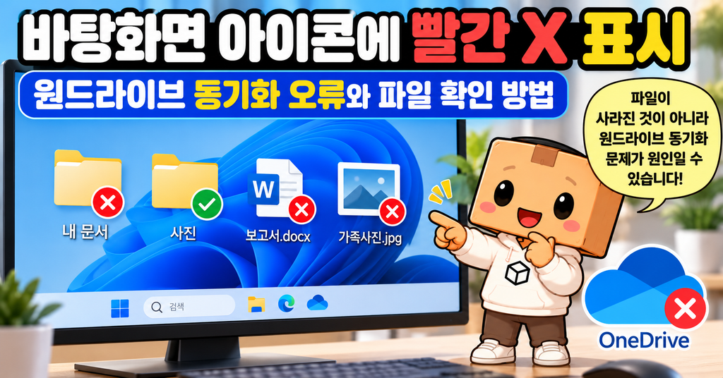 바탕화면 폴더에 빨간 원과 흰색 X가 표시된 모습과 정상 폴더 아이콘을 나란히 비교한 그림