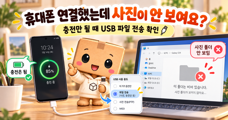 휴대폰을 컴퓨터에 연결했지만 사진이 보이지 않는 상황