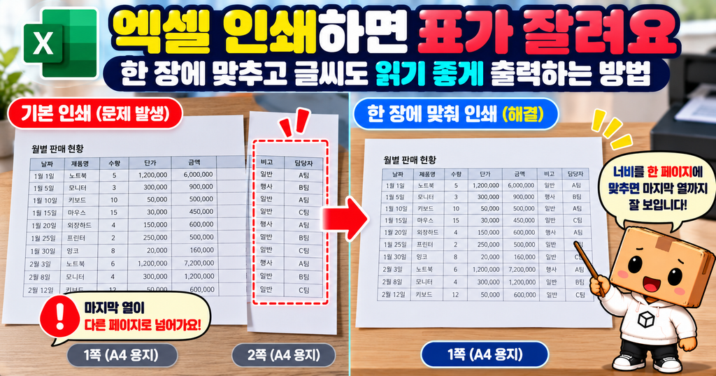 엑셀 표의 마지막 열이 다음 인쇄 페이지로 넘어간 모습과 가로 너비를 맞춘 결과를 비교한 그림