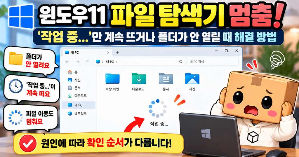 윈도우11 파일 탐색기에서 작업 중 메시지가 계속 표시되는 모습
