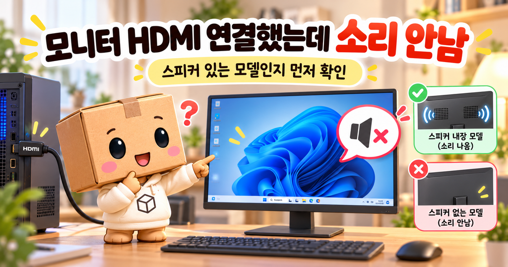 HDMI로 연결된 모니터에 화면은 나오지만 소리가 들리지 않아 박스 캐릭터가 스피커 유무를 확인하는 장면