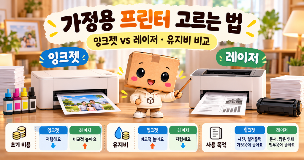 흑백 문서와 컬러 학습자료를 비교하며 가정용 잉크젯과 레이저 프린터 중 선택하는 모습