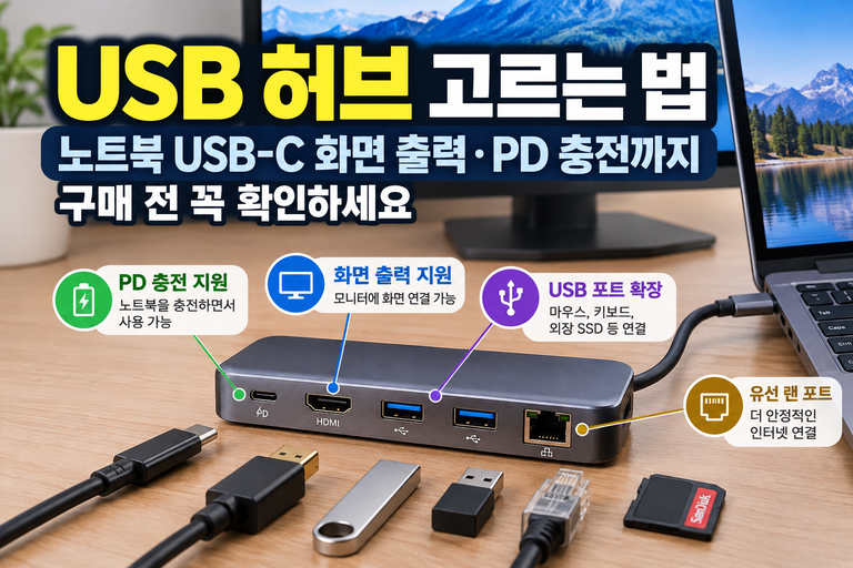 키보드와 마우스를 연결하는 간단한 USB 허브와 모니터·충전 연결을 고려하는 노트북 작업 환경 비교